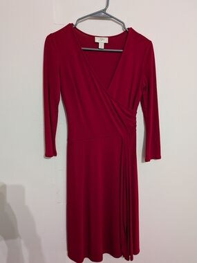 LOFT Red Faux-Wrap V-Neck Long Sleeve Dress